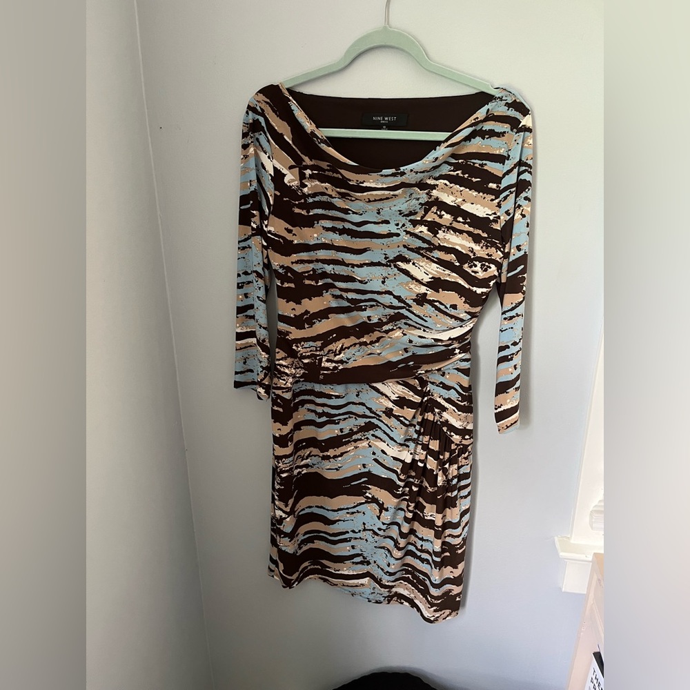 Nine West Brown and‎ Blue Sheath Dress with Cowl Neck